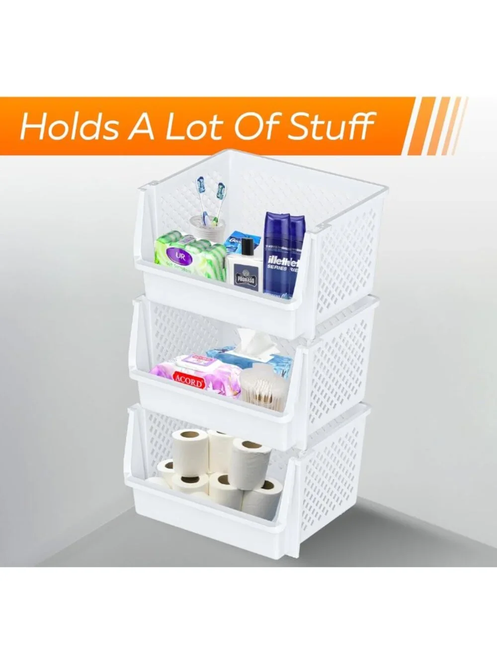 XL Stackable Open Front Storage Bins for Pantry Organization - 6 Pack, White